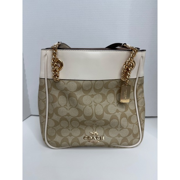 Coach Handbags - Coach C8152 Signature Canvas Mollie Tote 25 Khaki Chalk‎ Gold Chain Shoulder Bag